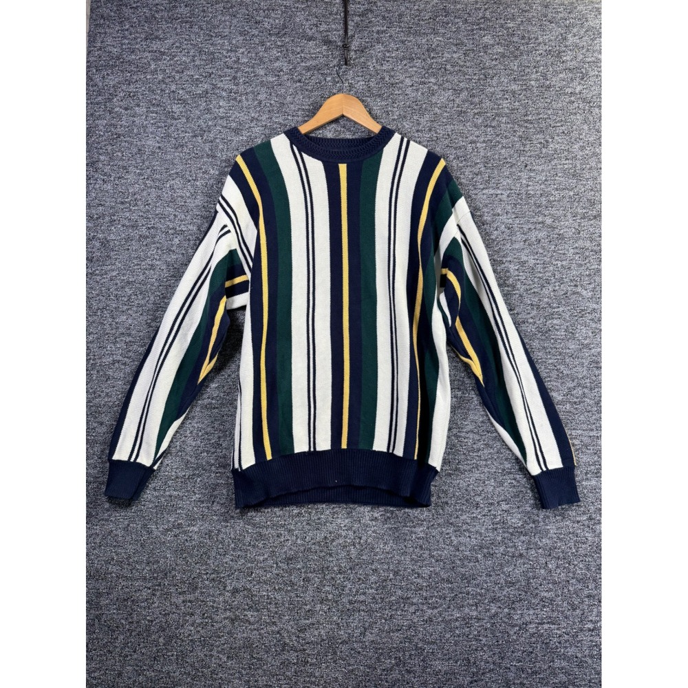 Woods & Gray Mens L Cotton Vertical Stripe Crewneck Sweater Navy Green Yellow